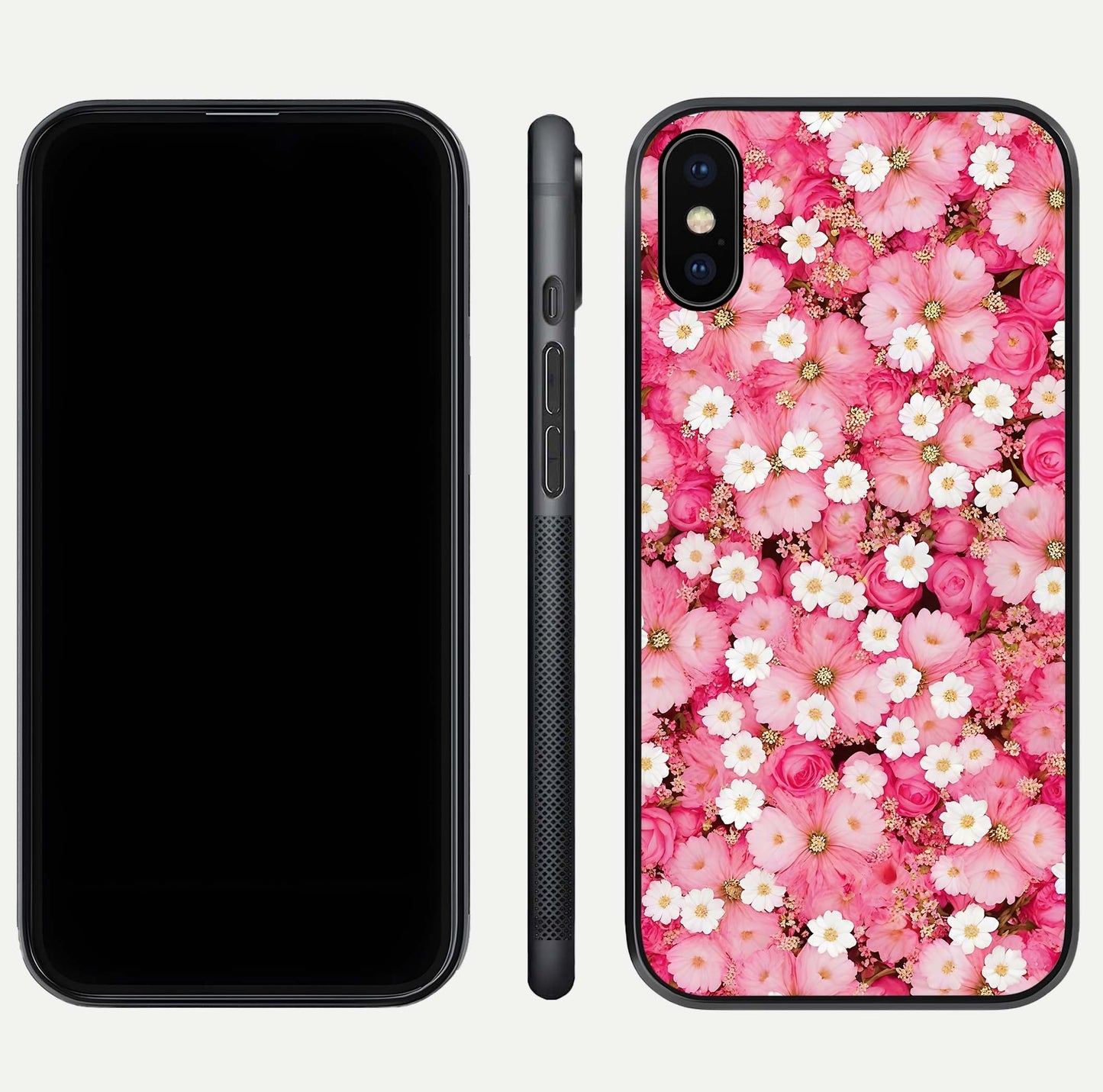 Pink Daisy Bliss Glass Case for iPhone Xs Max front & back layout showing HD floral tones and edge finish