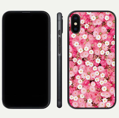 Pink Daisy Bliss Glass Case for iPhone Xs Max front & back layout showing HD floral tones and edge finish