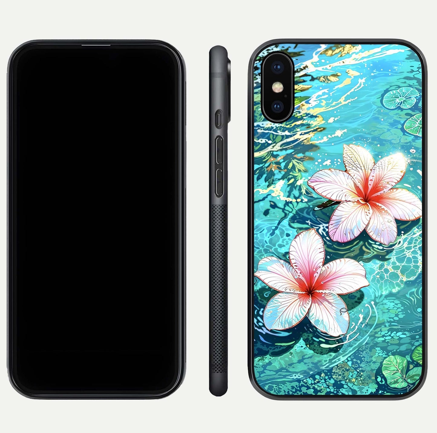 Pink Flowers in Water Glass Case for iPhone Xs Max front & back layout showing elegant pastel floral tones
