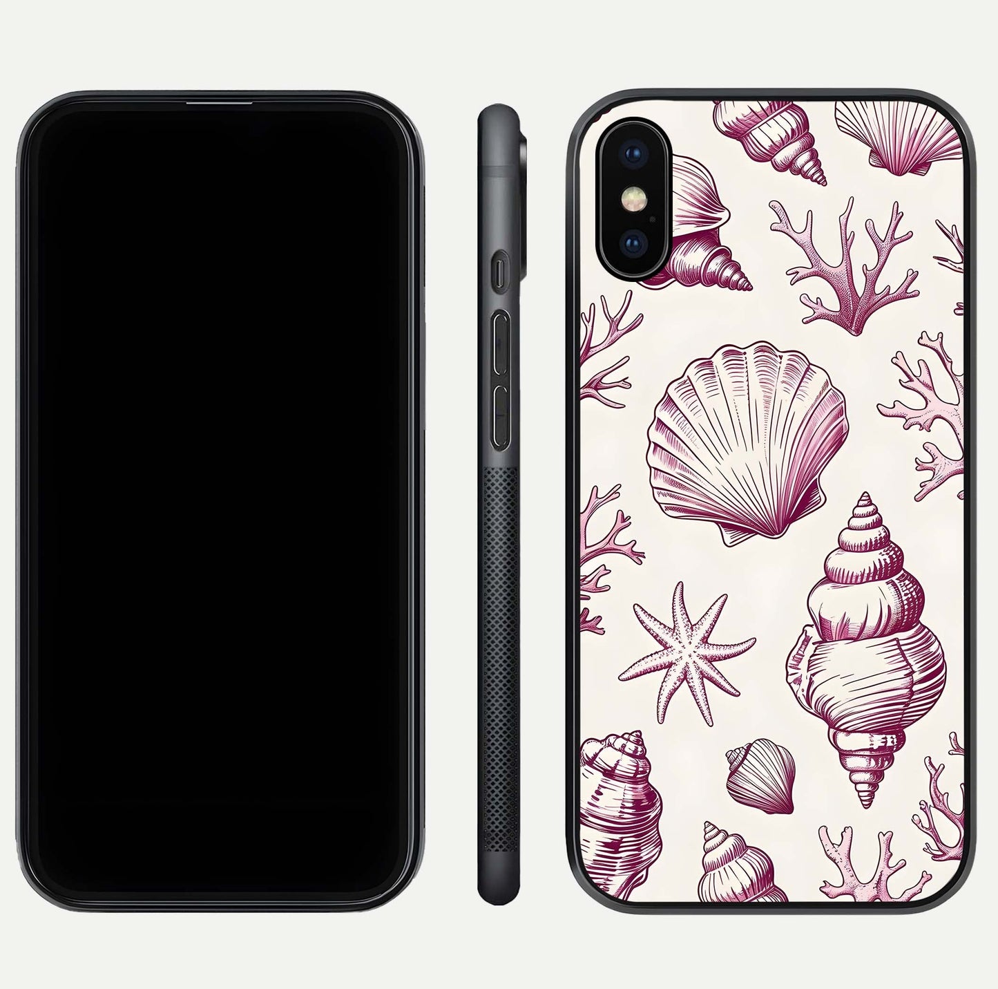 Pink Shells Outline Glass Case for iPhone Xs Max front & back layout showing soft pastel tones and edge design