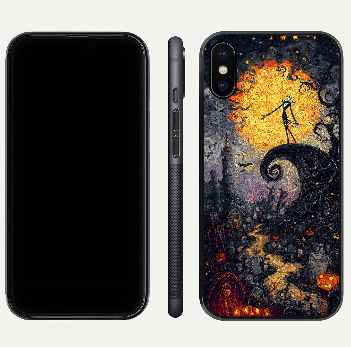Pumpkin Moon Night Glass Case for iPhone Xs Max front & back layout highlighting festive tones and smooth edges