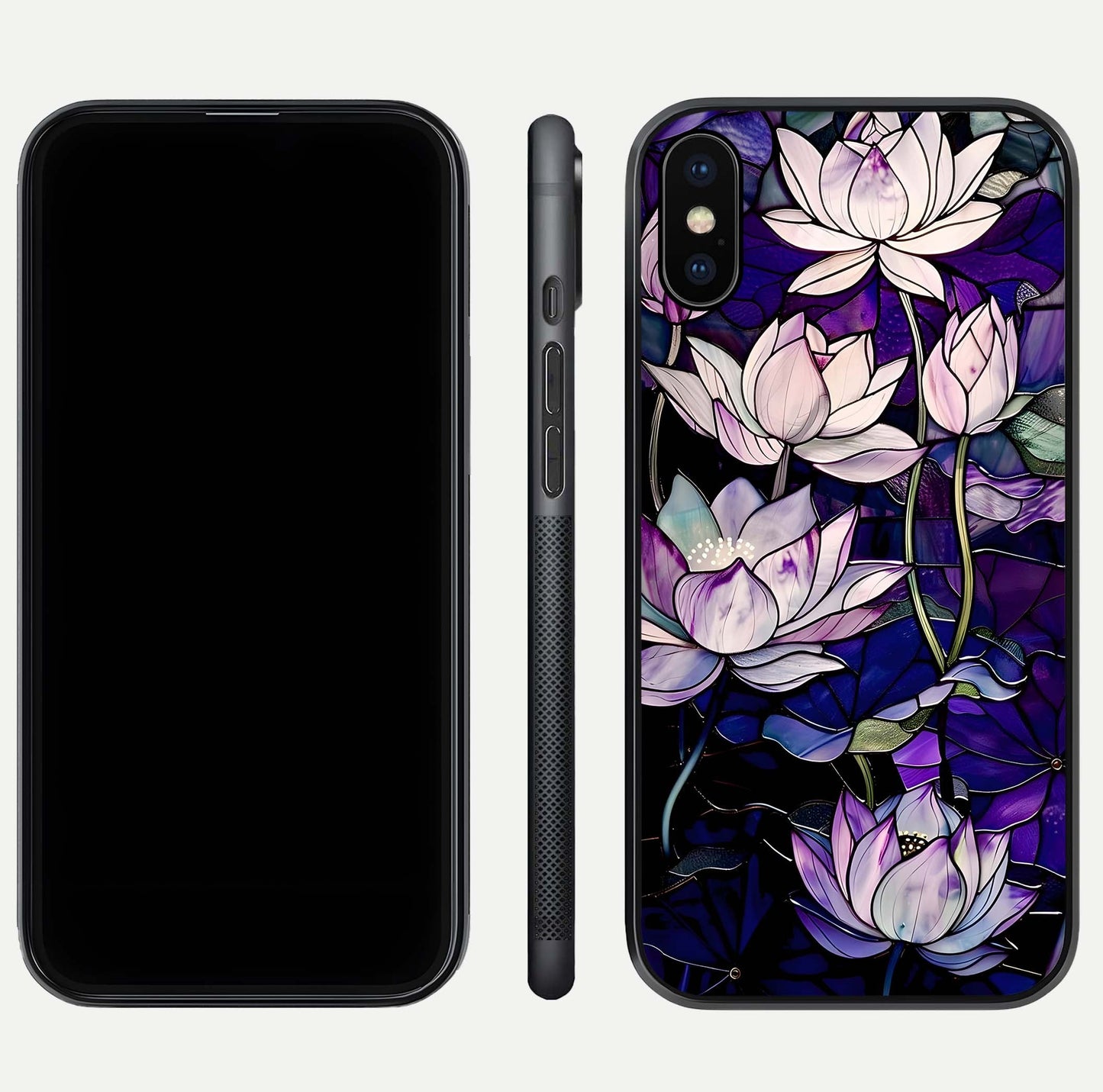 Purple Lotus Pattern Glass Case for iPhone Xs Max front & back layout highlighting floral tones and soft edges