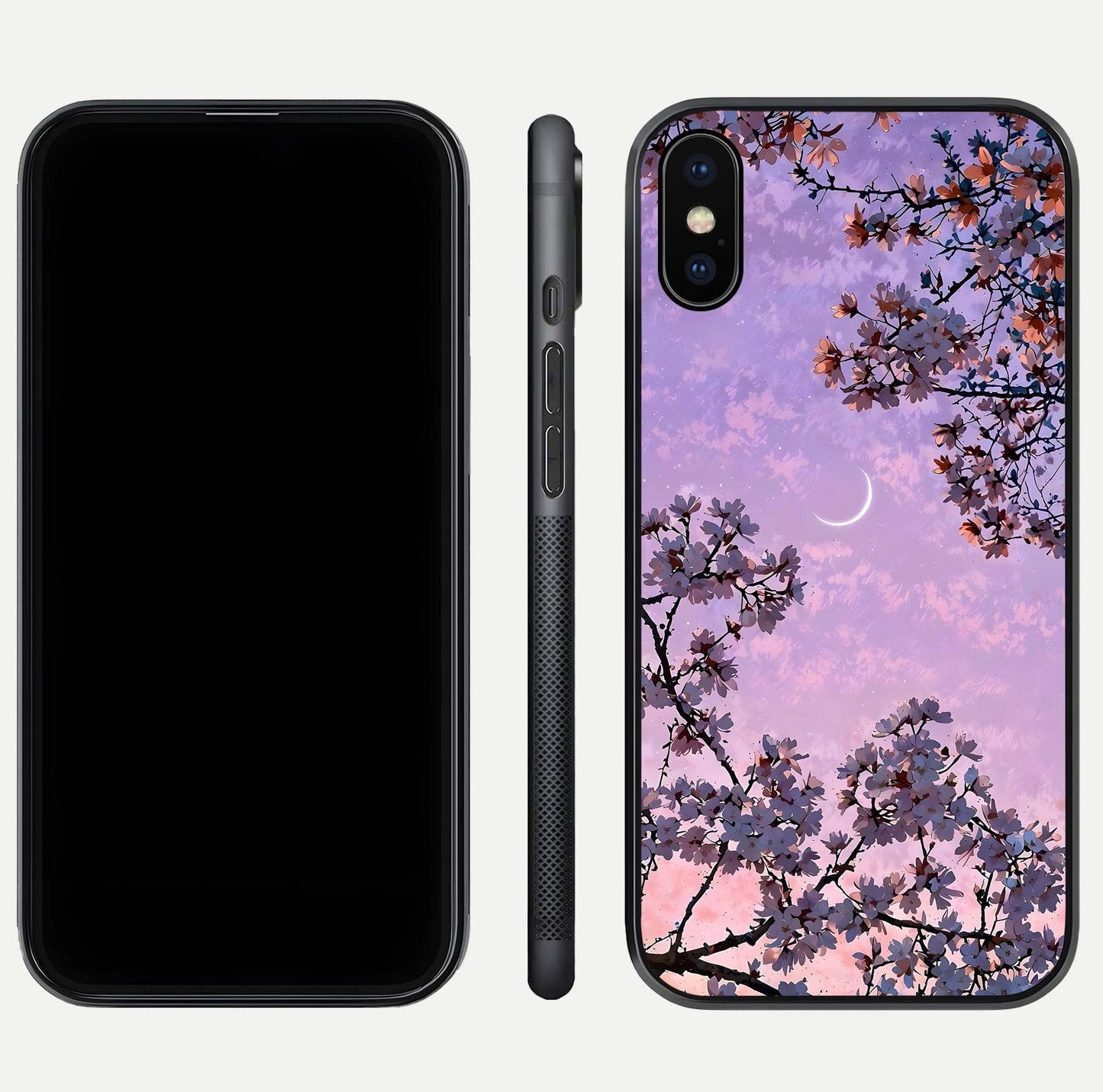 Purple Serenity Moon Glass Case for iPhone Xs Max front & back layout highlighting celestial tones and curves