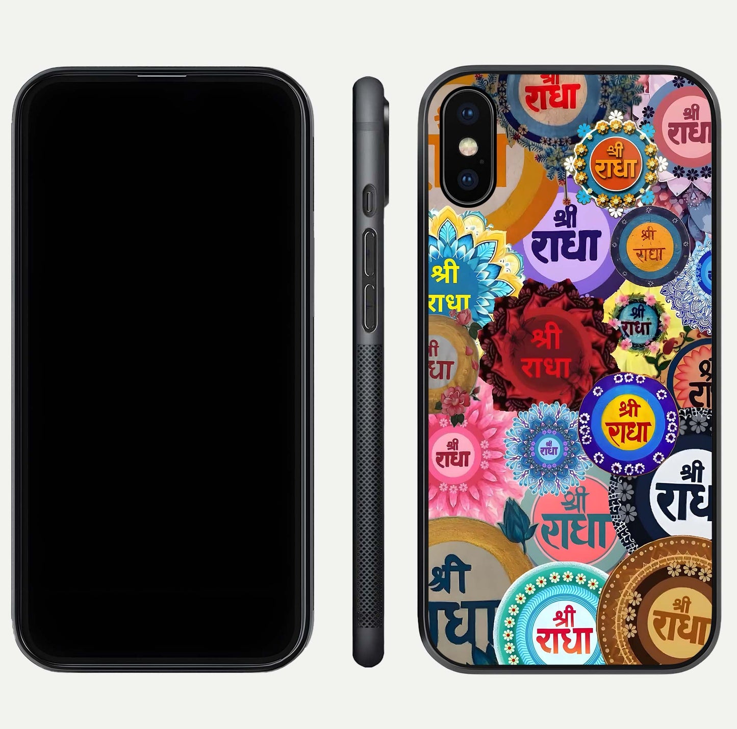 Radha Divine Bloom Glass Case for iPhone Xs Max front & back layout showing spiritual tones and elegant edges
