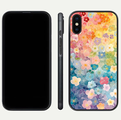 Rainbow Blossom Burst Glass Case for iPhone Xs Max front & back layout showing bright tones and edge finish