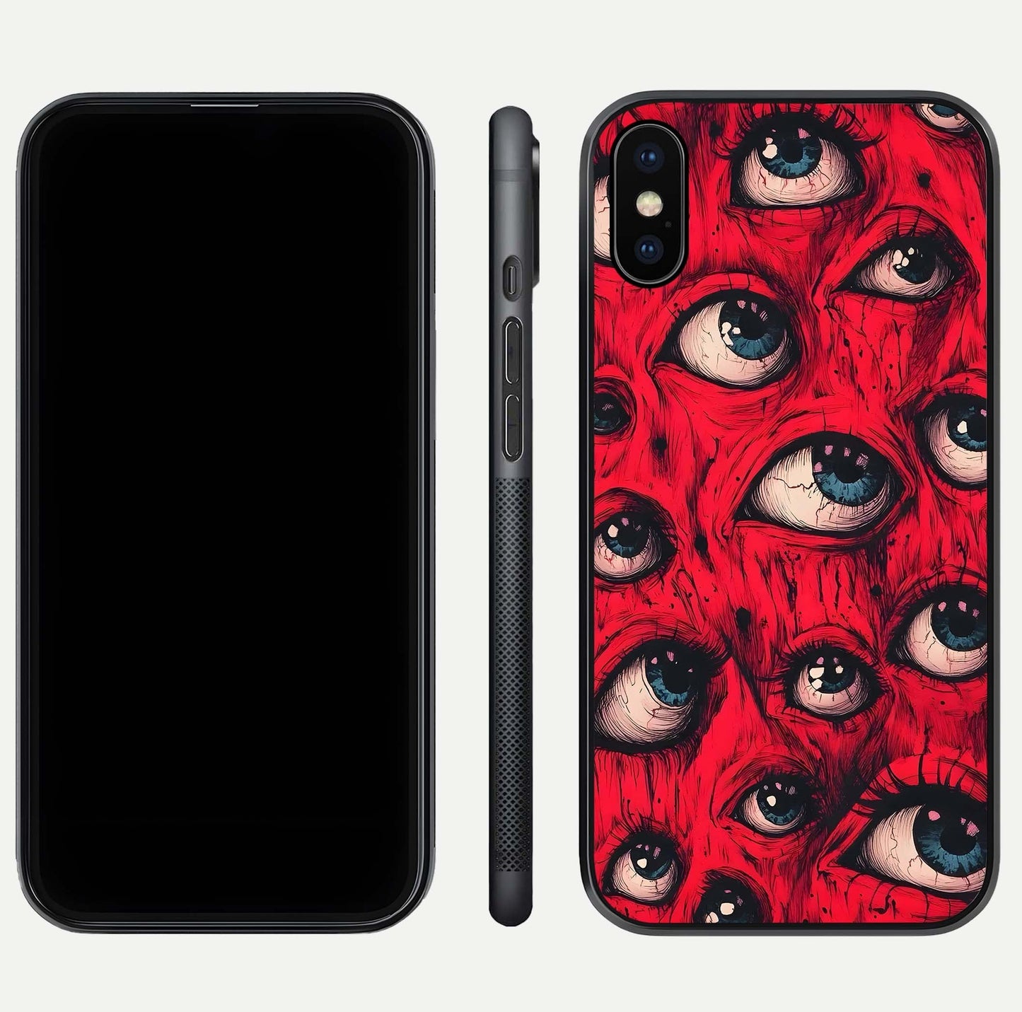 Red Eyes Pattern Glass Case for iPhone Xs Max front & back layout showing sharp edge finish and design depth