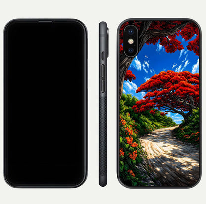 Red Trees Pathway Glass Case for iPhone Xs Max front & back layout showing scenic tone blend and edges