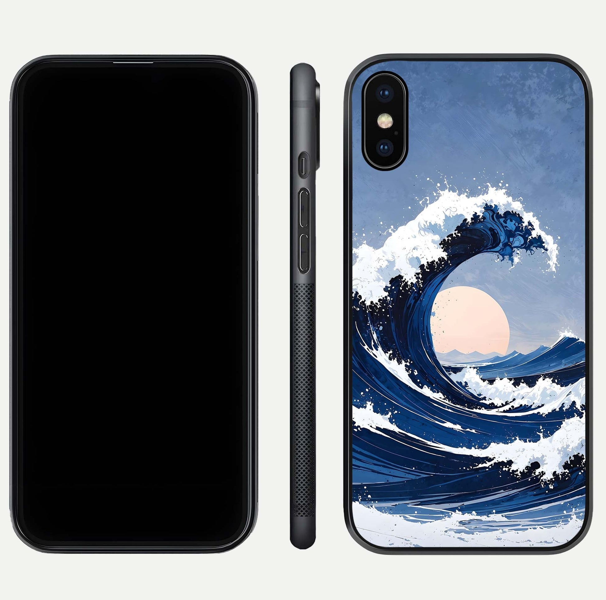 Rising Tide Power Glass Case for iPhone Xs Max front & back layout showing ocean design and smooth glass edge