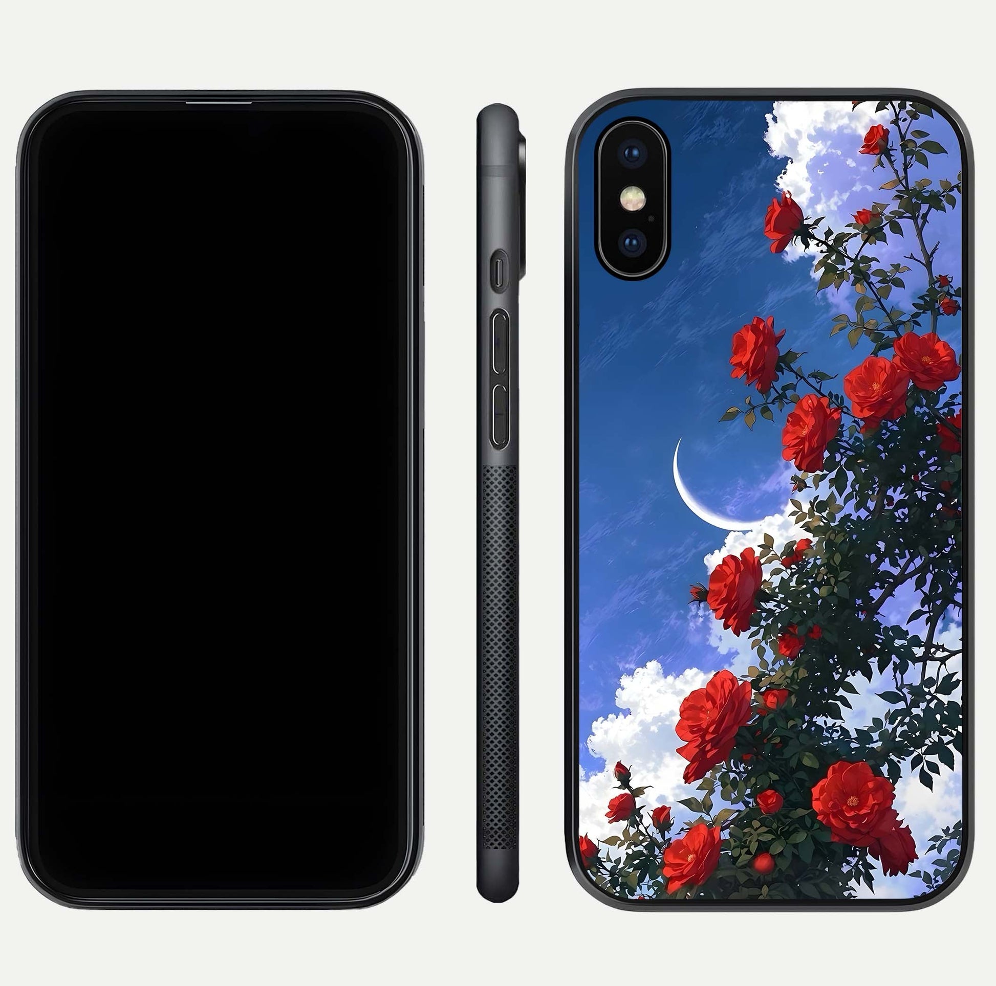 Rose Drift Flowers Glass Case for iPhone Xs Max front & back layout showing rose gradient tones and edges