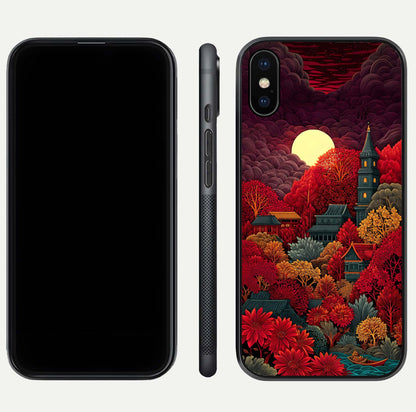 Scarlet Autumn Temple Glass Case for iPhone Xs Max front & back layout showing scenic tones and curved edges