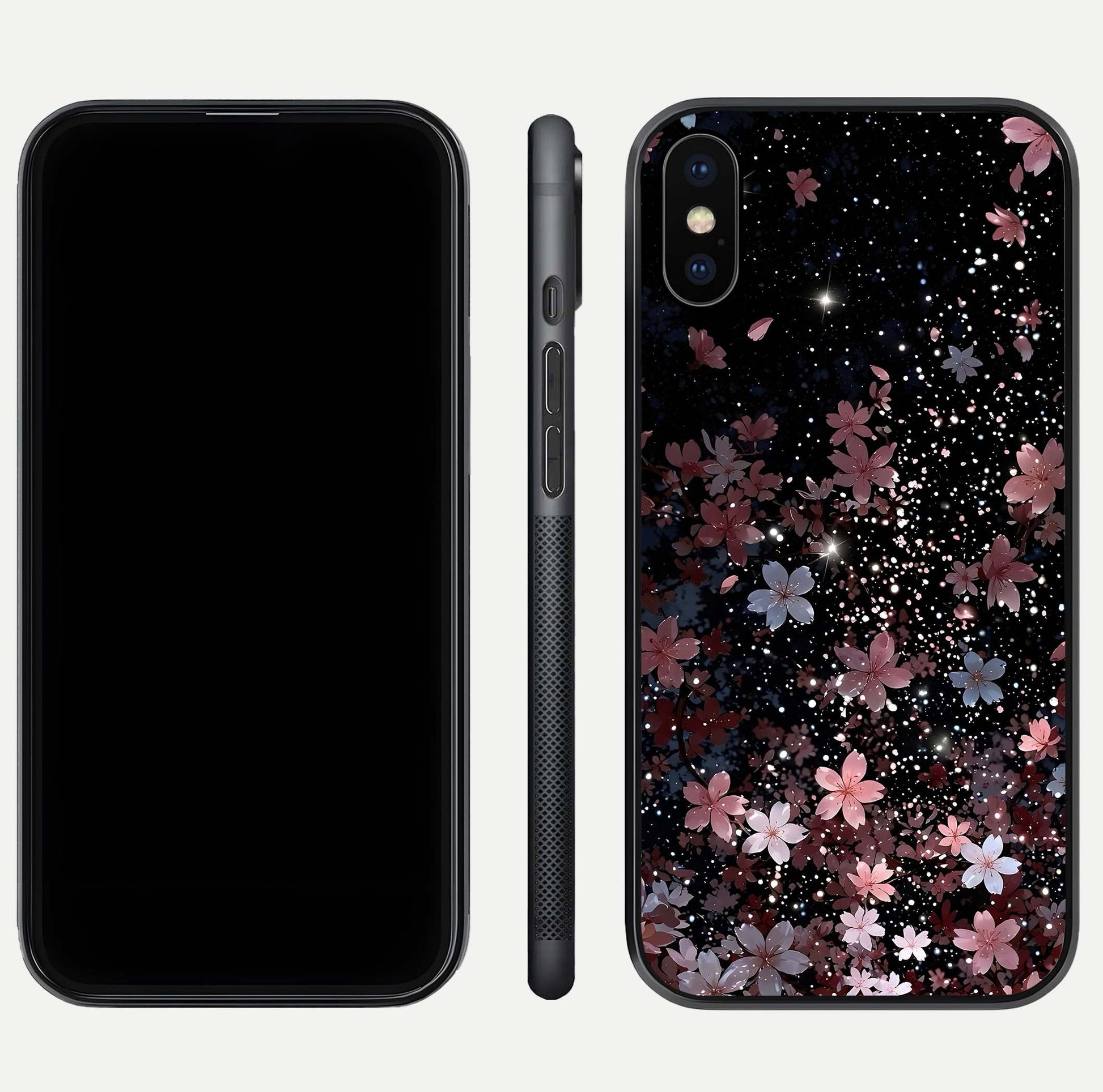 Starlit Flower Dreams Glass Case for iPhone Xs Max front & back layout showing soft bloom design and curved edge