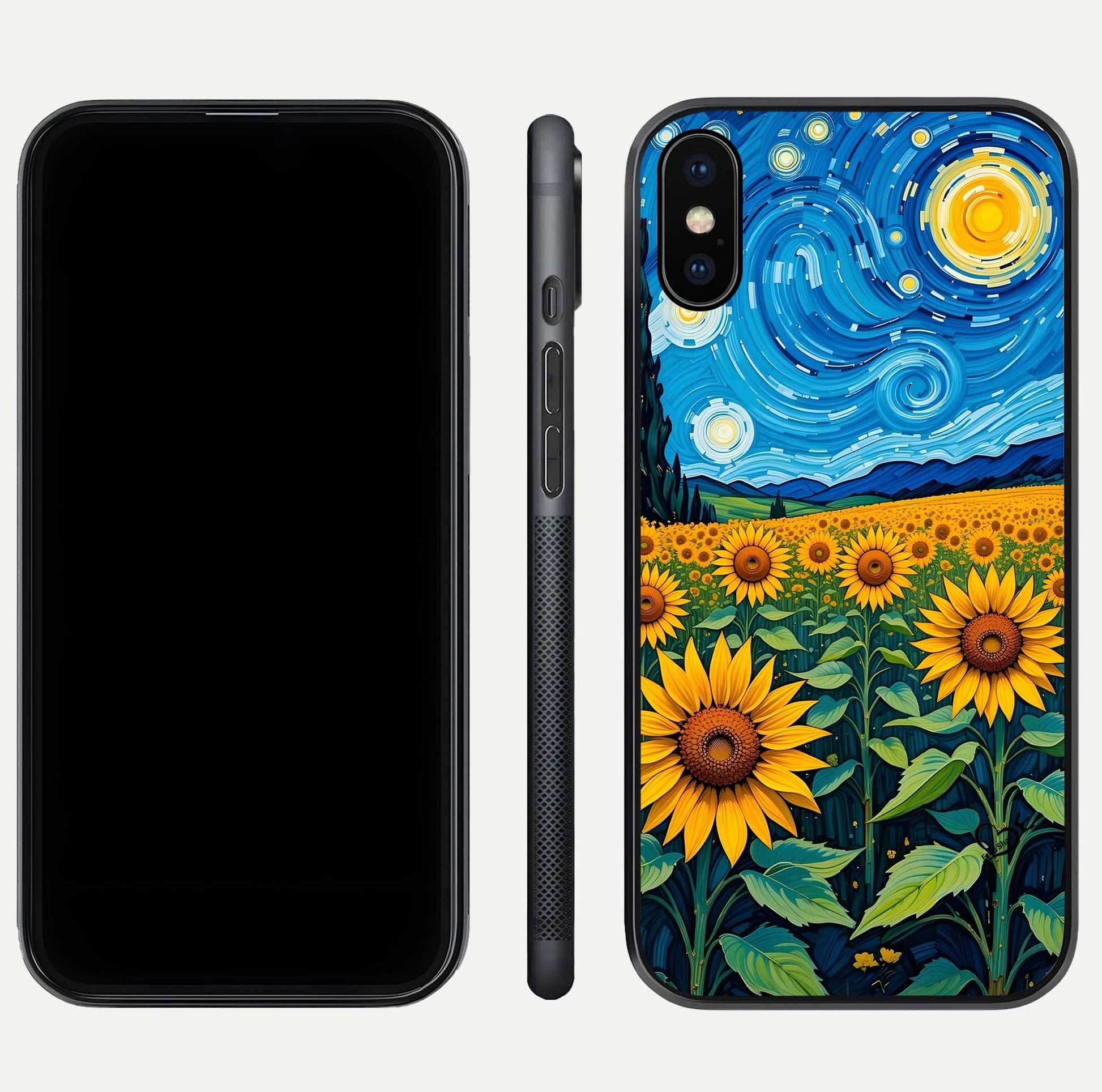 Starry Sunflower Dreams Glass Case for iPhone Xs Max front & back layout showing floral blend and edge detail