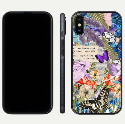 Storm Path Bloom Glass Case for iPhone Xs Max front & back layout showing moody floral blend and edges
