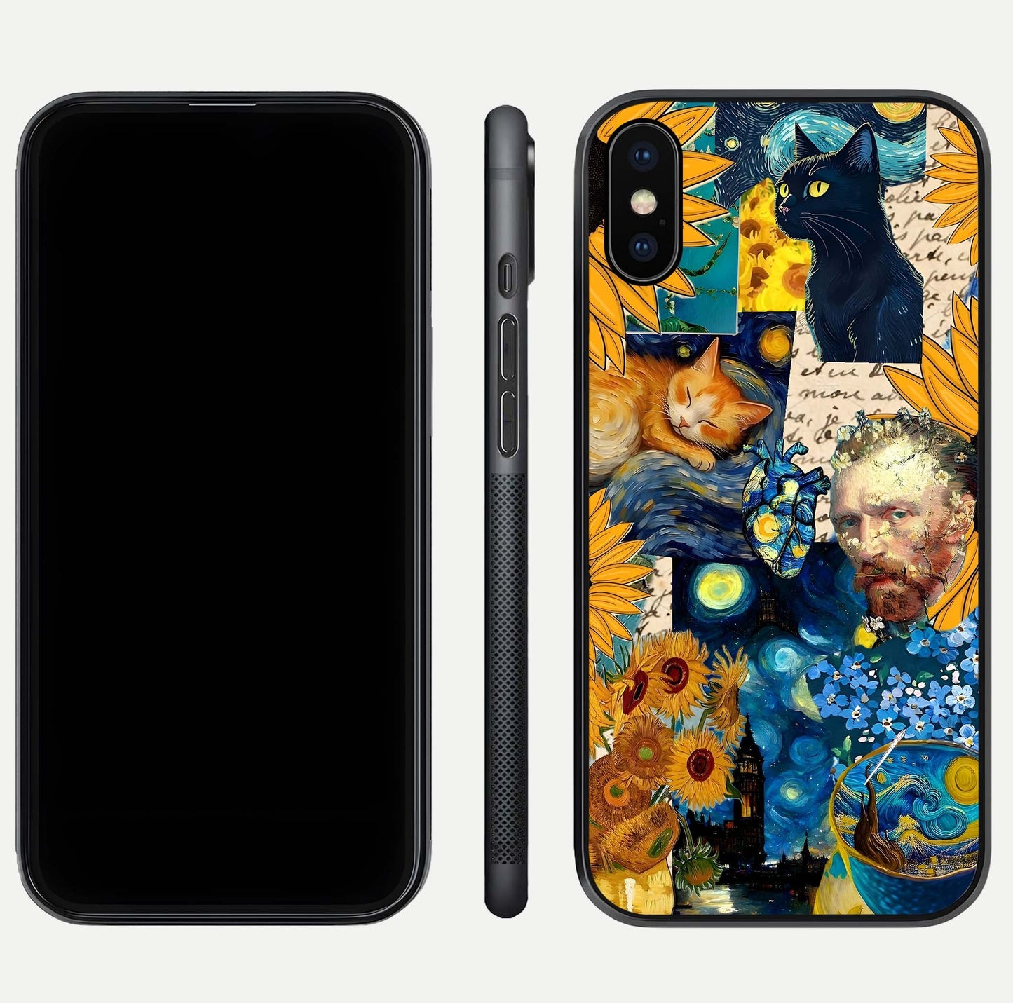 Sunflower Cat Art Glass Case for iPhone Xs Max front & back layout showing detailed floral cat design and edges