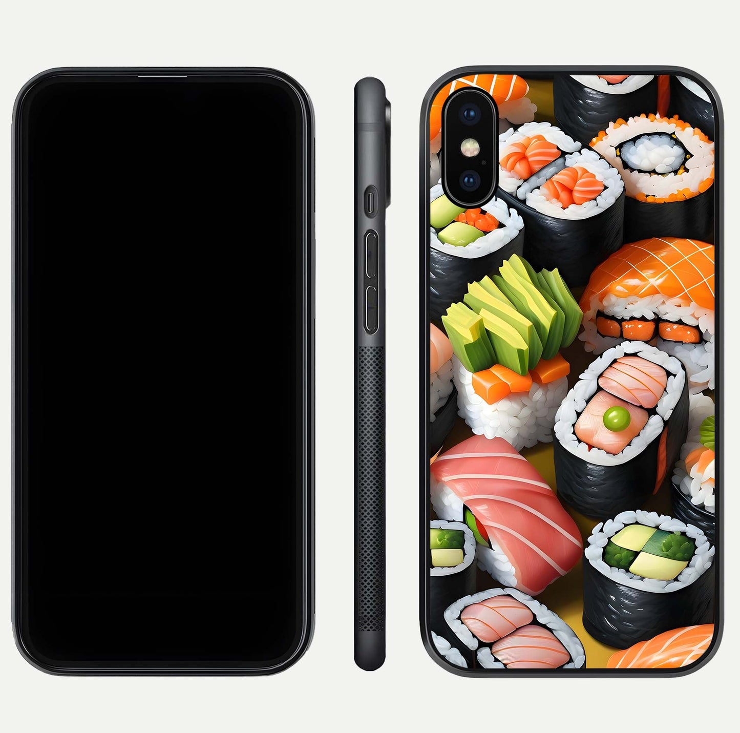 Sushi Food Pattern Glass Case for iPhone Xs Max front & back layout showing playful food theme and clear edges
