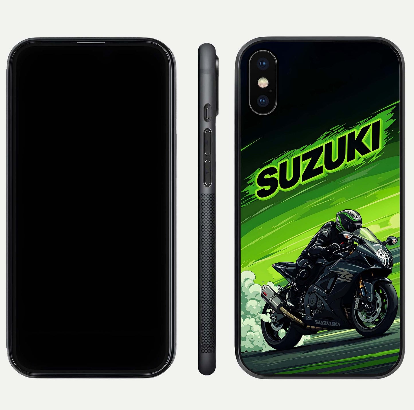 Suzuki Speed Beast Glass Case for iPhone Xs Max front & back layout showing motion blur and sleek edges