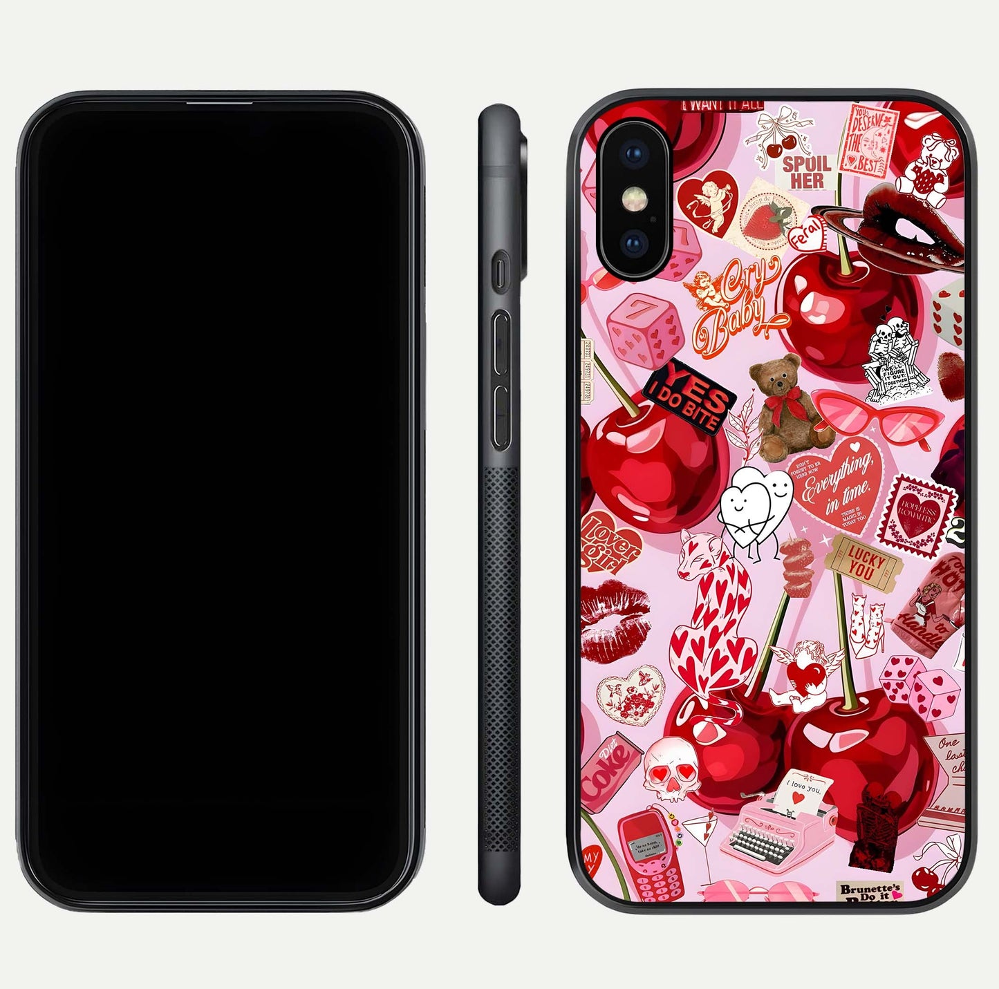 Sweet Cherry Chaos Glass Case for iPhone Xs Max front & back layout showing vibrant cherries and smooth edges