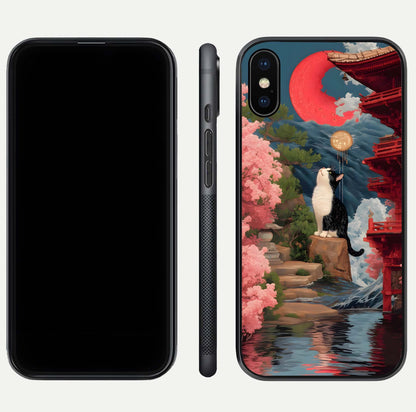 Temple Cat Scenery Glass Case for iPhone Xs Max front & back layout showing scenic print and edge design