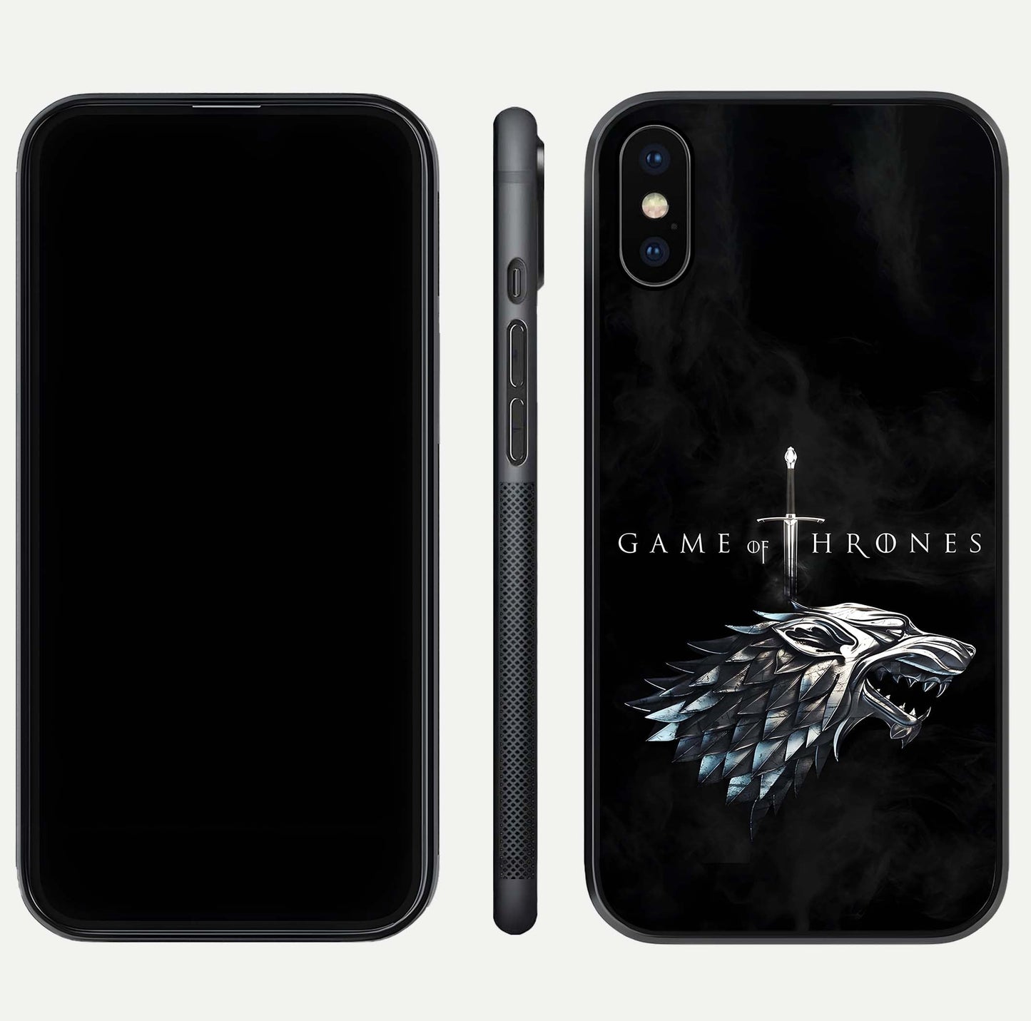 Throne Wolf Legacy Glass Case for iPhone Xs Max front & back layout showing bold pattern and sharp edge
