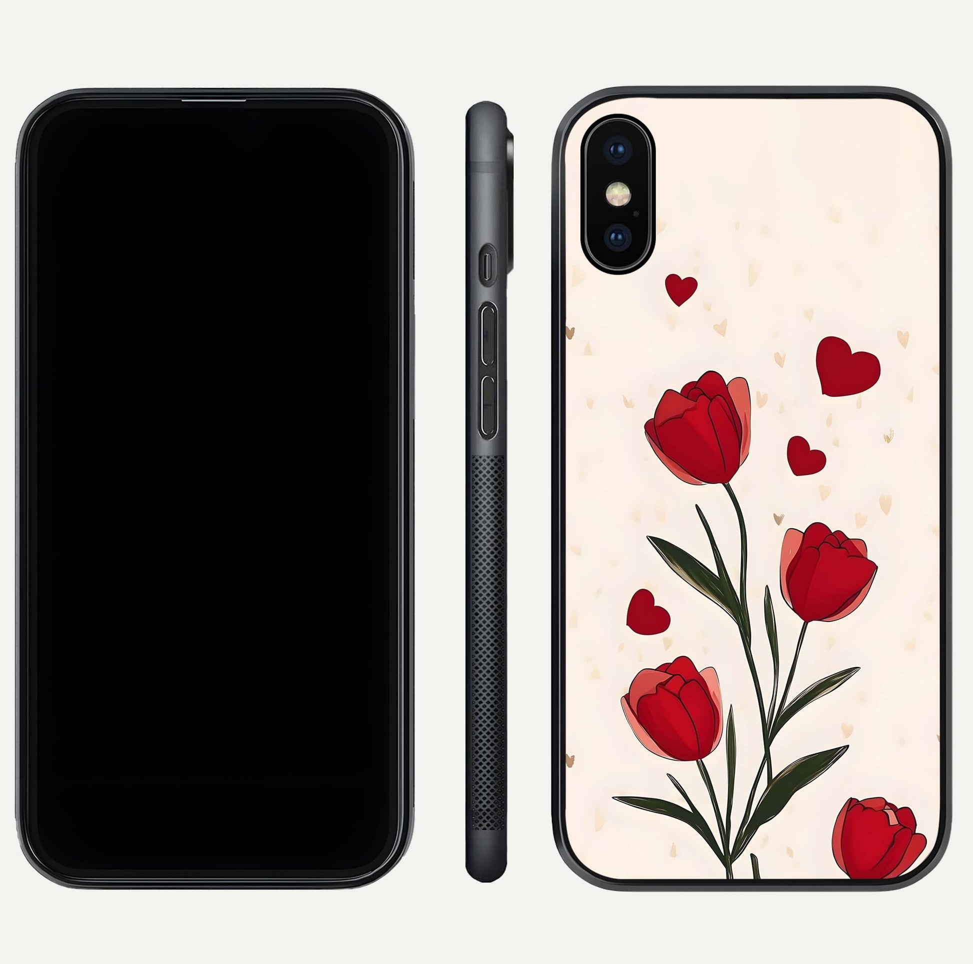 Tulip With Heart Glass Case for iPhone Xs Max front & back layout showing heart motif and elegant gloss finish