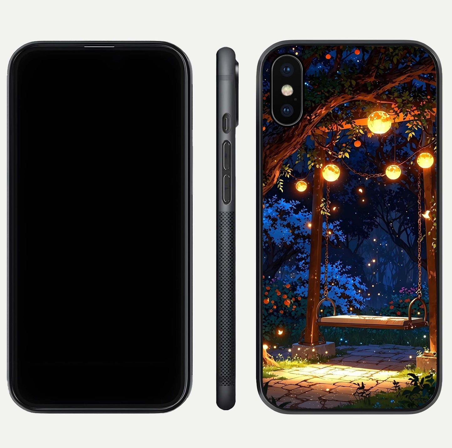 Twilight Garden Swing Glass Case for iPhone Xs Max front & back layout showing garden art and clean edge