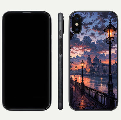 Twilight River Lights Glass Case for iPhone Xs Max front & back layout showing scenic artwork and smooth curved edges