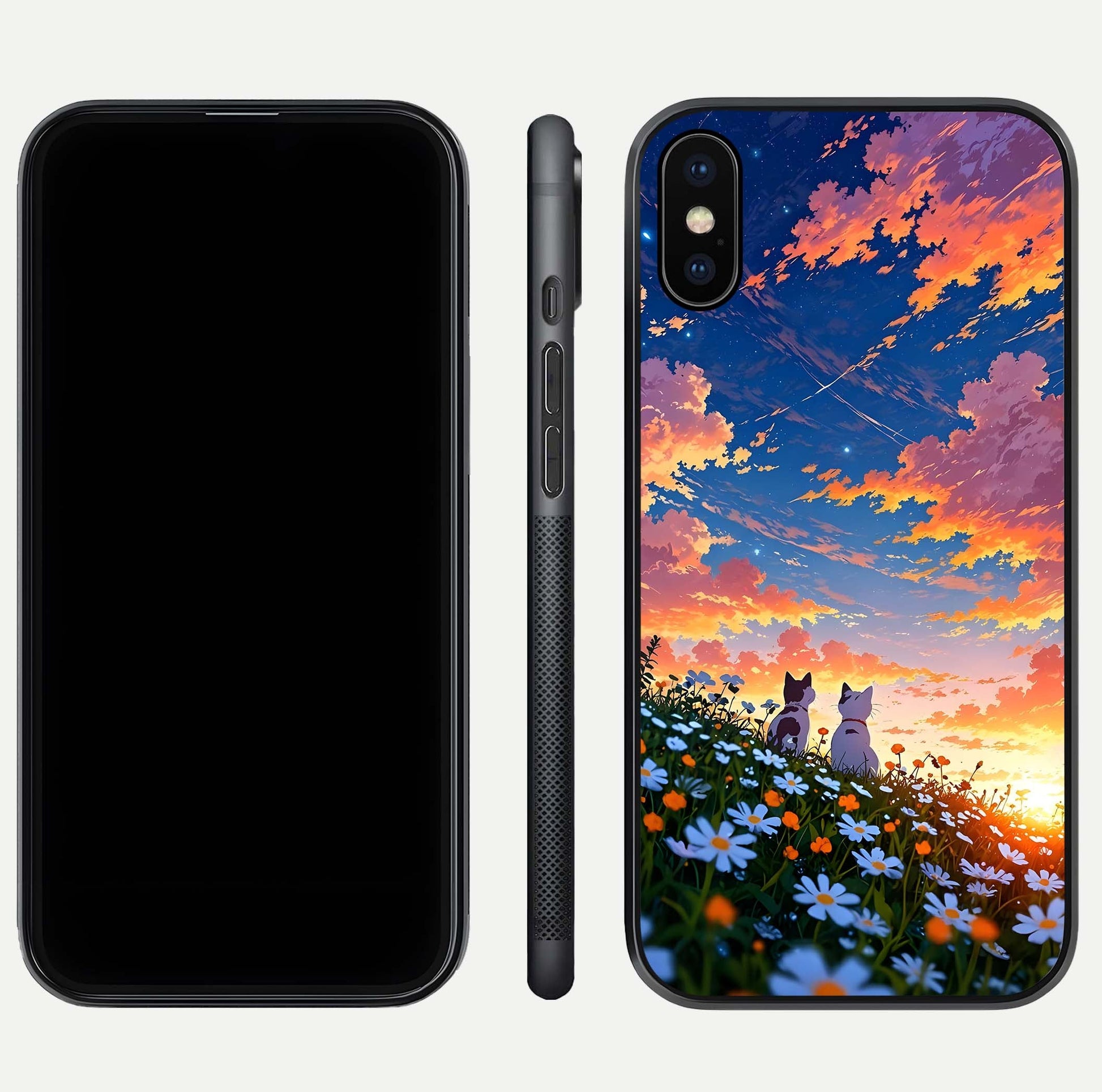 Two Cats Friends Glass Case for iPhone Xs Max front & back layout showing friendly cat theme and edge design