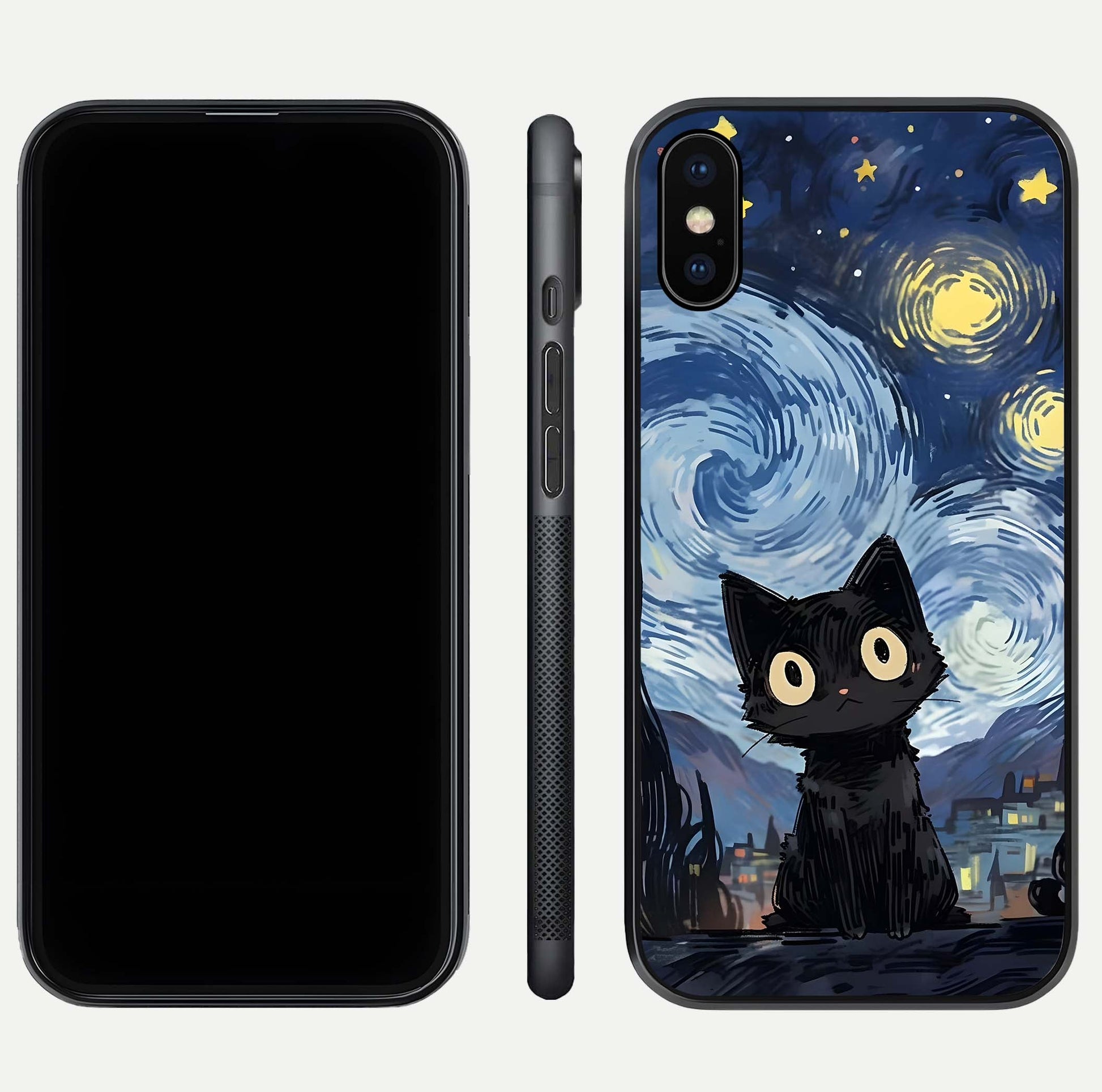 Van Gogh Cat Glass Case for iPhone Xs Max front & back layout showing detailed art print and curved glass edges