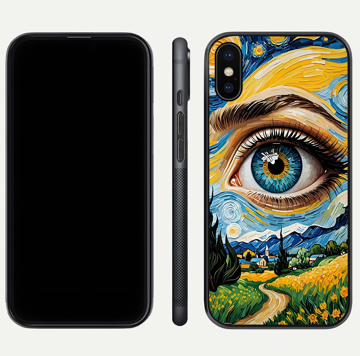 Van Gogh Eye Glass Case for iPhone 16 Pro front & back layout showing brushstroke detail and smooth finish