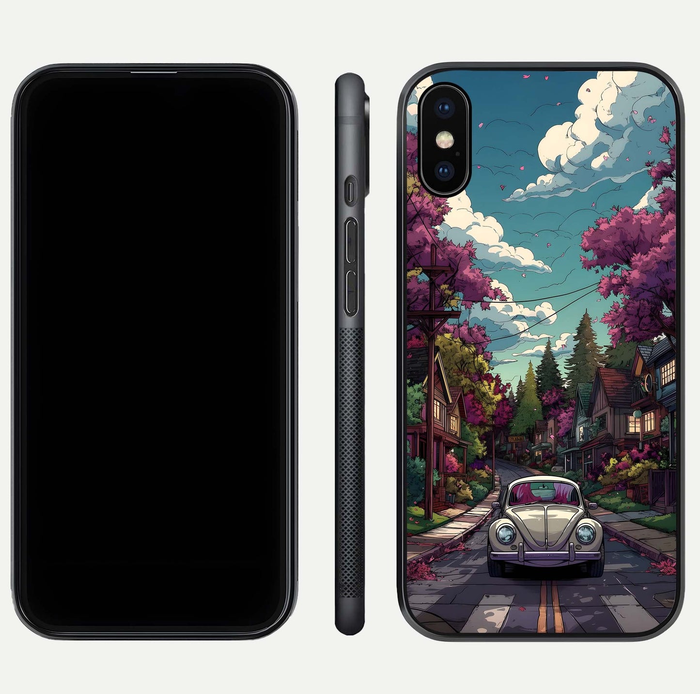 Vintage Street Drive Glass Case for iPhone Xs Max front & back layout showing retro street scene and edges