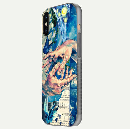 Aesthetic Divider Glass Case for iPhone 16 Pro side-angle image showing divider pattern print, camera module, and glossy finish reflection