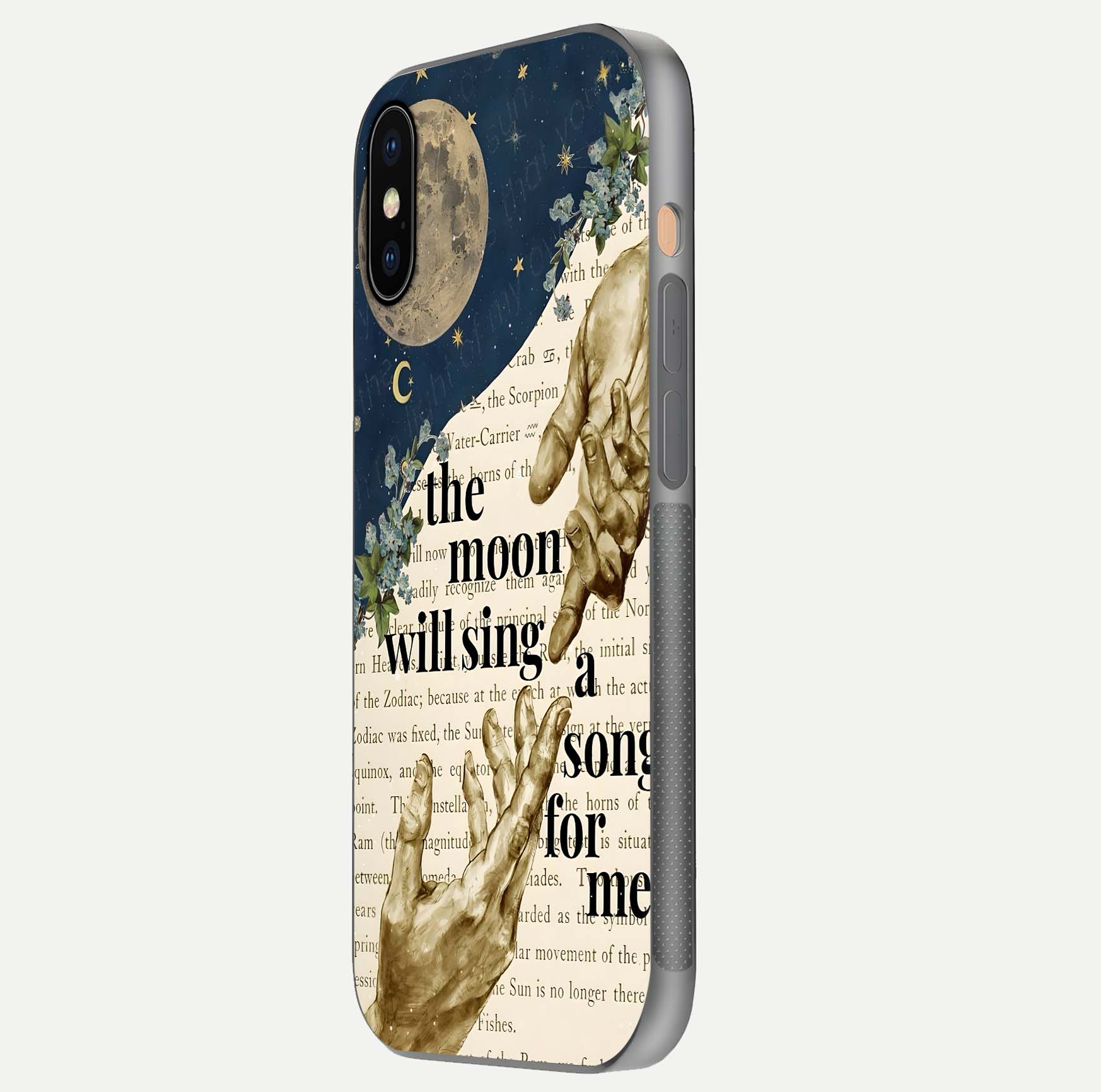 Aesthetic Divine Glass Case for iPhone 16 Pro side-angle image showing divine abstract design, camera module, and glossy finish reflection