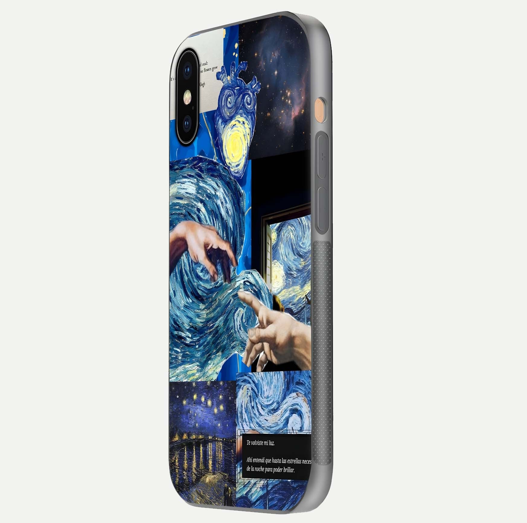 Aesthetic Vando Hands Glass Case for iPhone 16 Pro side-angle image showcasing hand design, protective edges, and gloss texture
