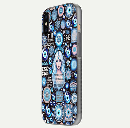 Angel Aura Shield Glass Case for iPhone 16 Pro side-angle photo showcasing aura details and glossy surface reflection