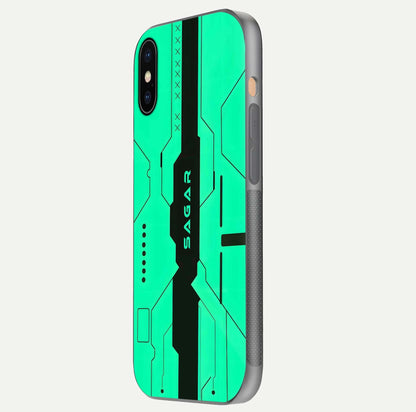 Aqua Tech CYBERPUNK Custom Name Glass Case for iPhone 16 Pro side-angle image with glowing edges and glossy surface