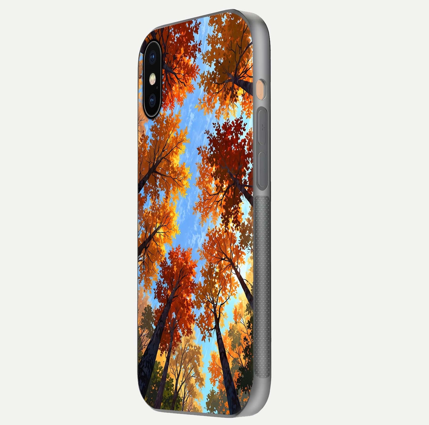 Autumn Sky Rise Glass Case for iPhone Xs Max side-angle showing autumn art tones and protective corners