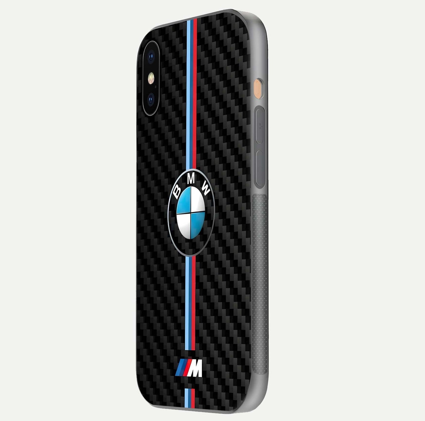 BMW Pattern Glass Case for iPhone Xs Max side-angle image showing edge finish and luxury car-inspired shine
