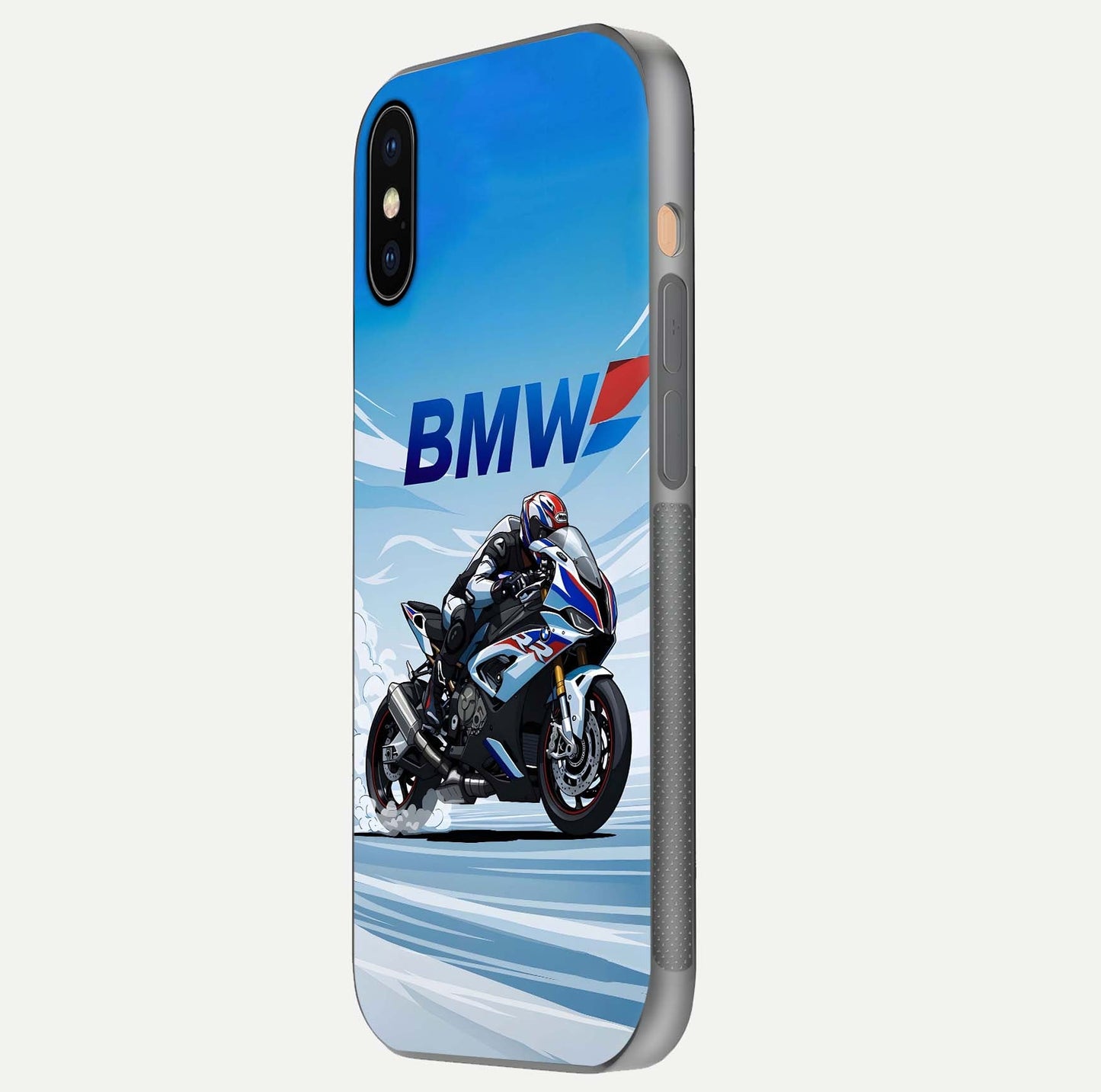 BMW Power Drift Glass Case for iPhone Xs Max side-angle image emphasizing smooth finish and detailed design