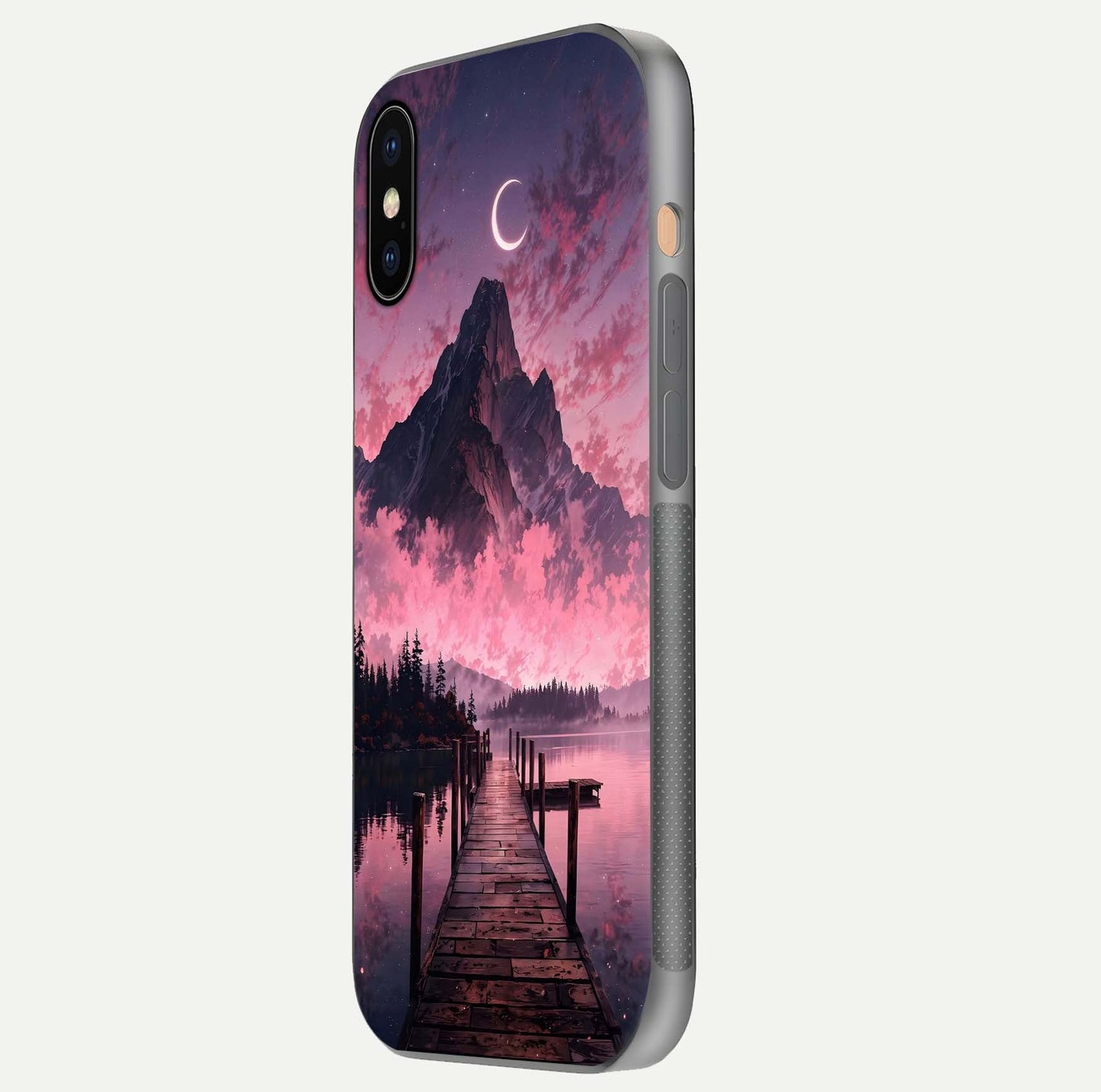 Beautyful Mountain View Glass Case for iPhone Xs Max side-angle image displaying mountain artwork and gloss surface