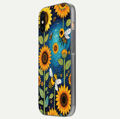 Bees & Sunflowers Glass Case for iPhone Xs Max side-angle image showing bee pattern alignment and shiny protective surface