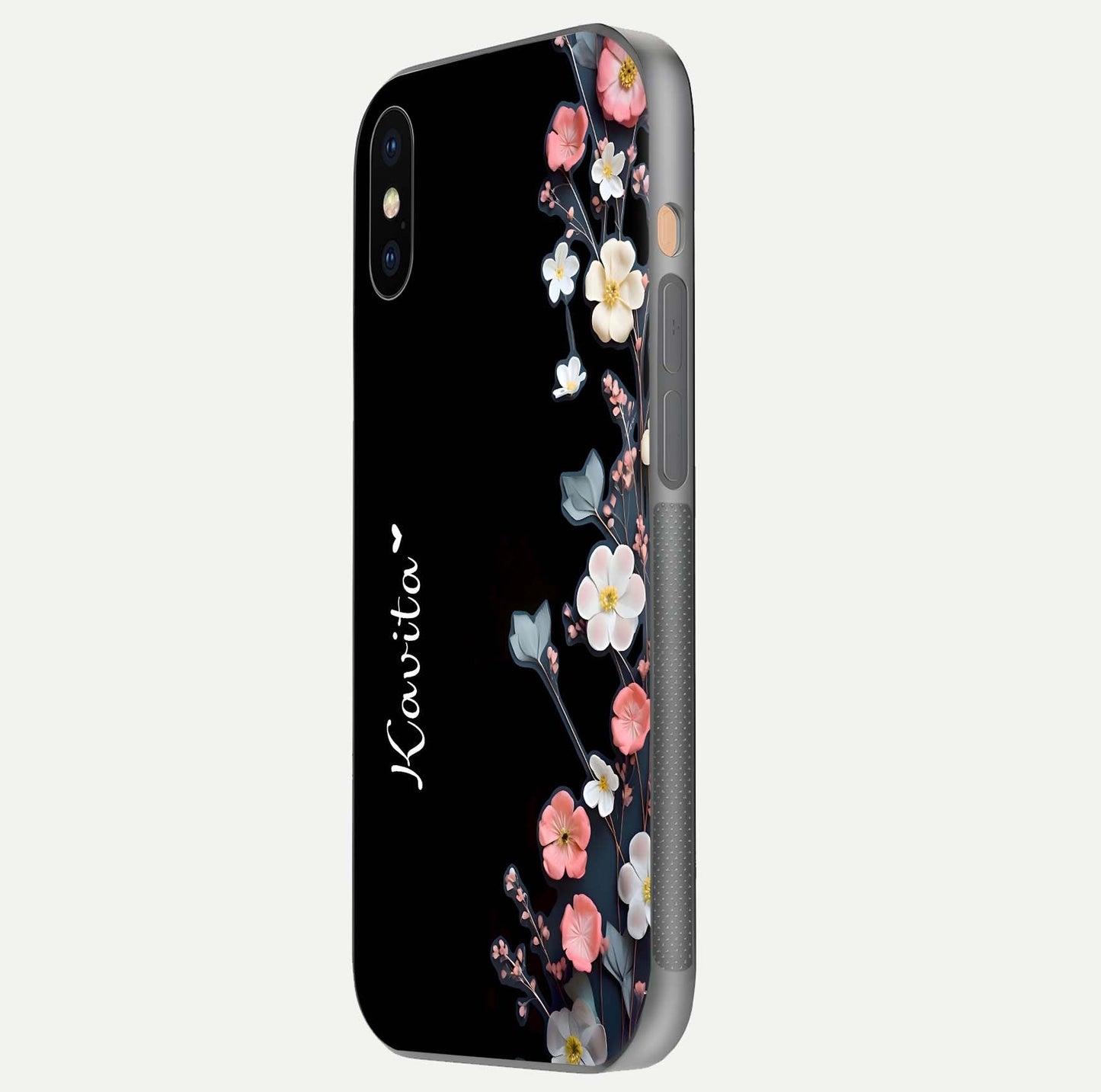Black Elegance Floral Custom Name Glass Case for iPhone Xs Max side-angle showing black gloss depth and delicate print texture