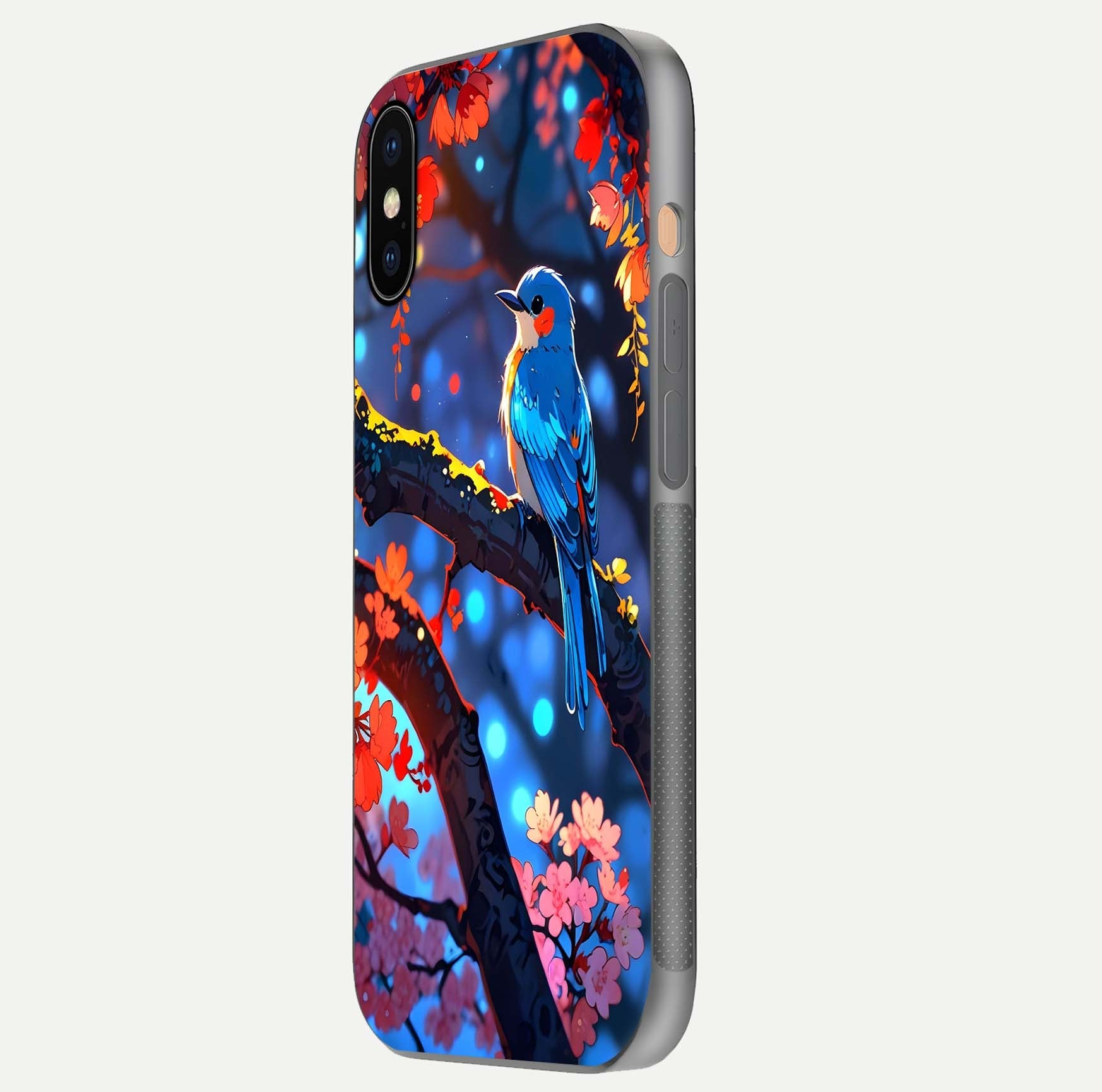 Blooming Spendor Bird Glass Case for iPhone Xs Max side-angle photo showing floral wings and reflection finish