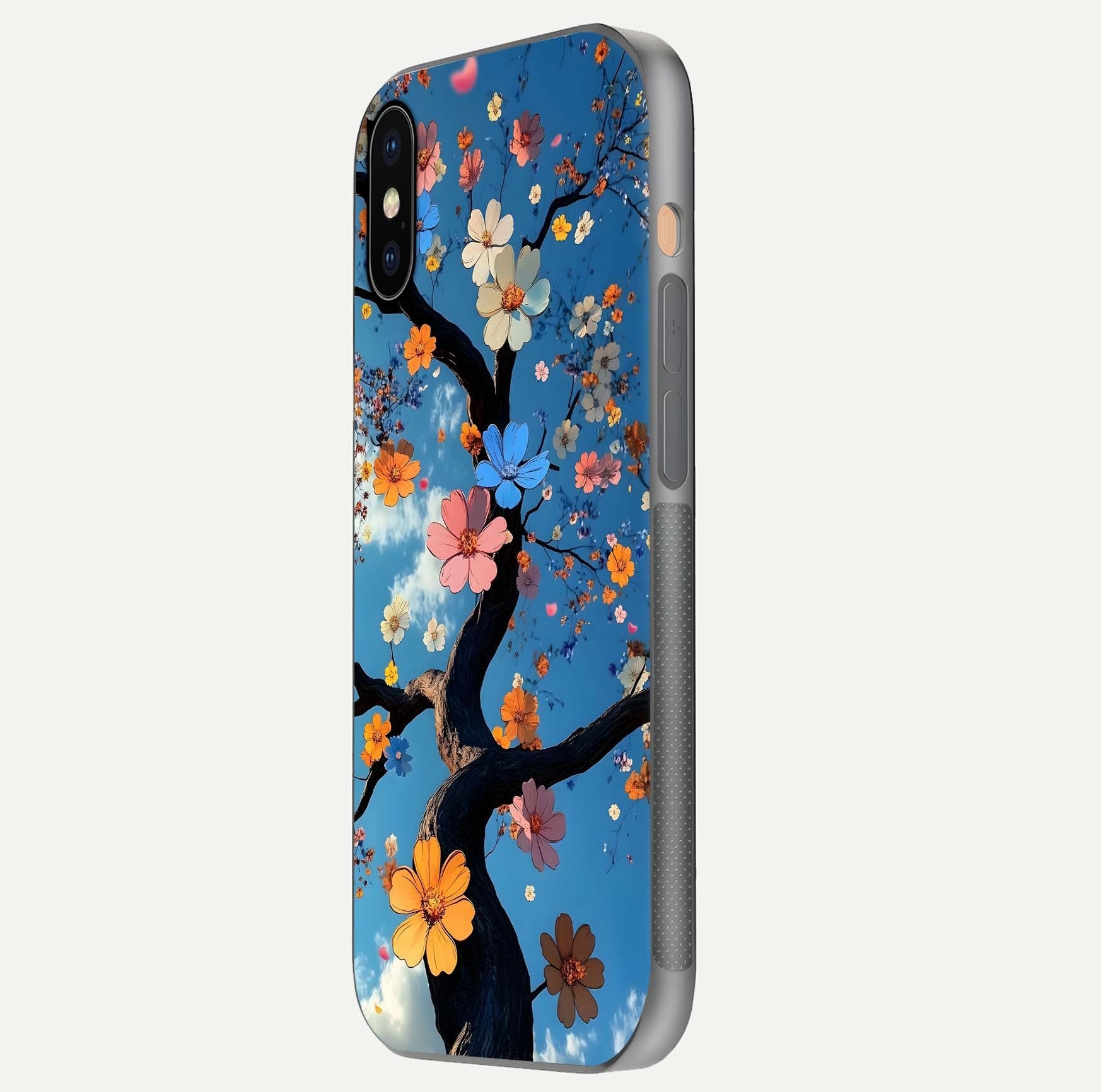 Blossom Dream Sky Glass Case for iPhone Xs Max side-angle photo showing flower details, edge curve, and reflection shine