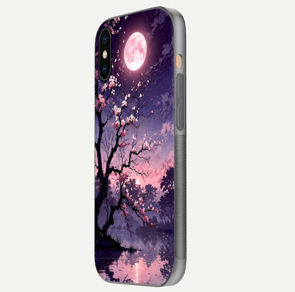 Blossom Pink Moon Glass Case for iPhone Xs Max side-angle image showing glossy curve and floral-moon balance