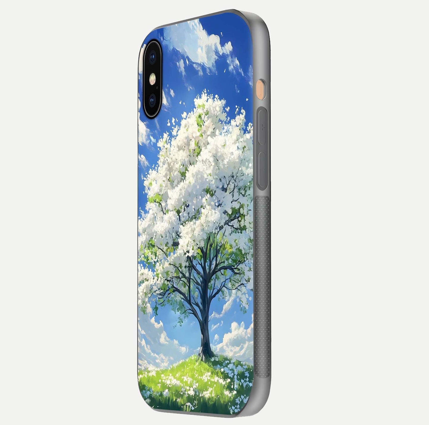 Blossom Sky Serenity Glass Case for iPhone Xs Max side-angle image showing elegant edge flow and light reflection