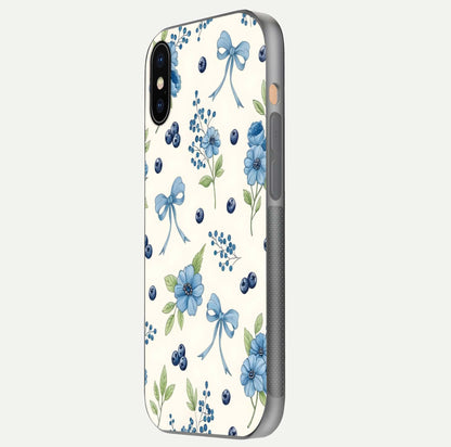 Blue Flower & Bow Glass Case for iPhone Xs Max side-angle image showing bow-floral mix and HD finish shine