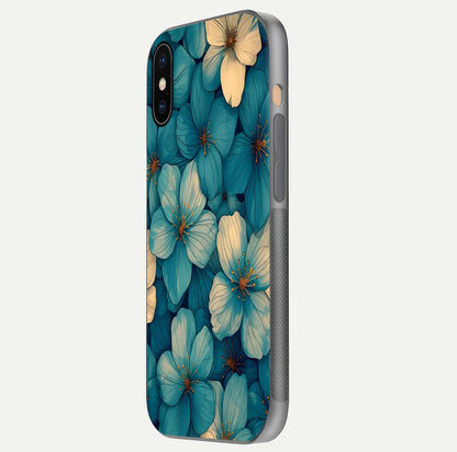 Blue Shade Floral Glass Case for iPhone Xs Max side-angle photo showing detailed floral hues and curved glass shine