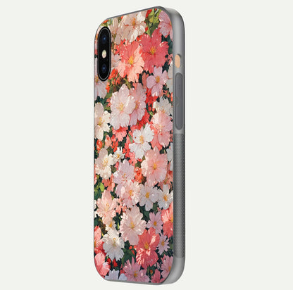 Blush Bloom Field Glass Case for iPhone Xs Max side-angle image showing petal pattern gloss and smooth edges
