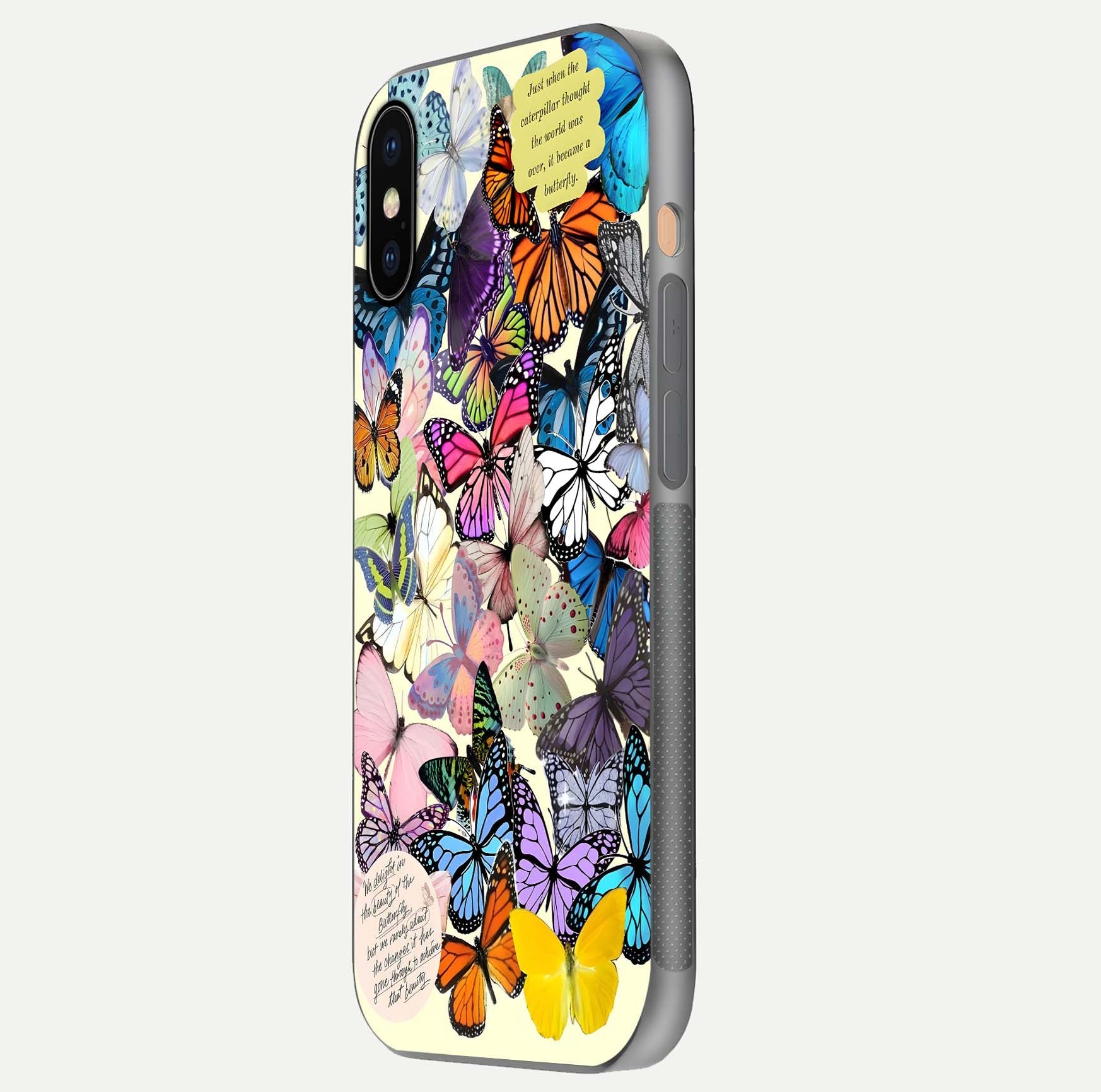 Butterflies Petal Dream Glass Case for iPhone Xs Max side-angle shot showing butterfly motion and curved edges