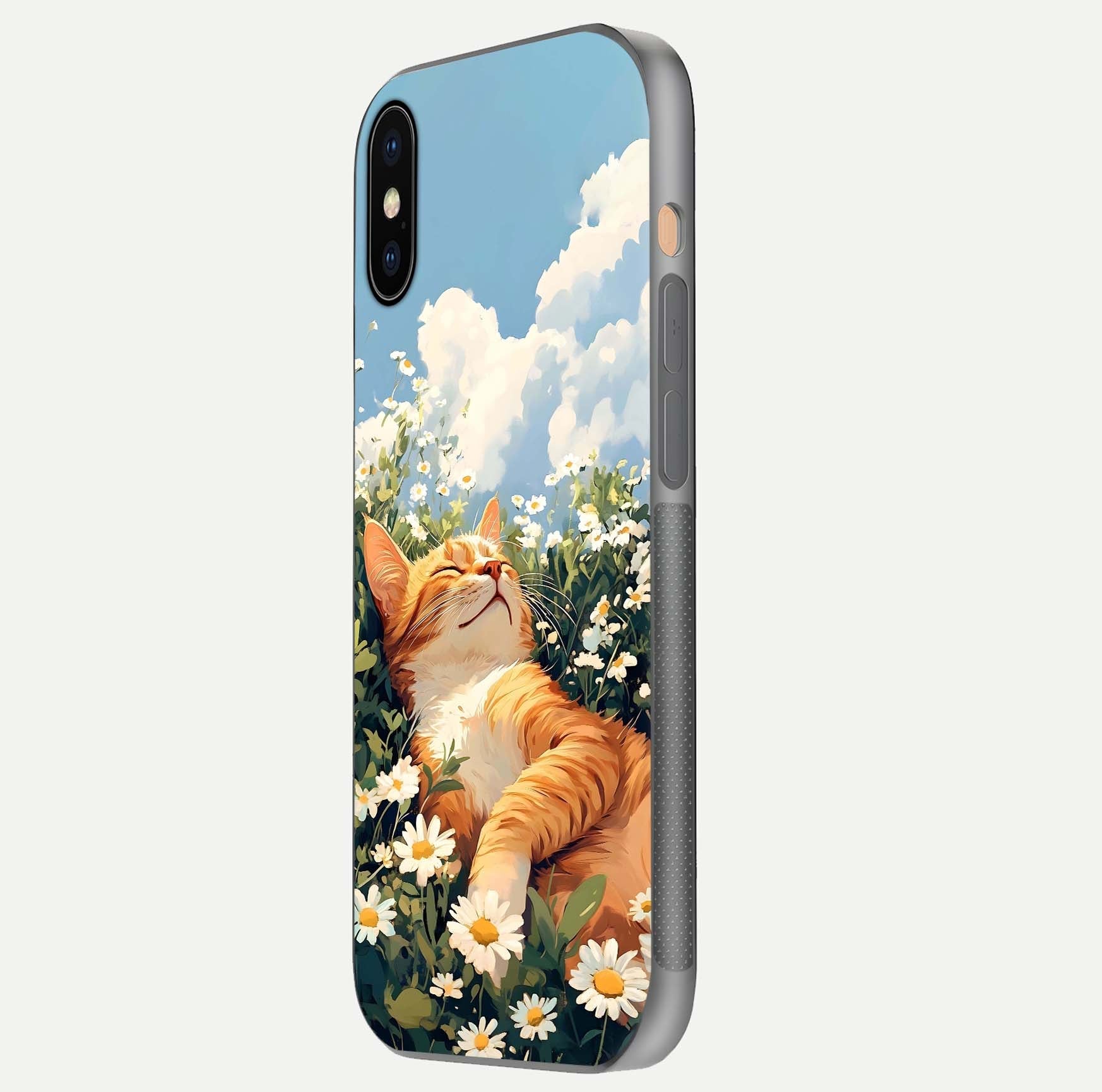 Cat & Flowers View Glass Case for iPhone Xs Max side-angle image capturing cat print clarity and gloss tone